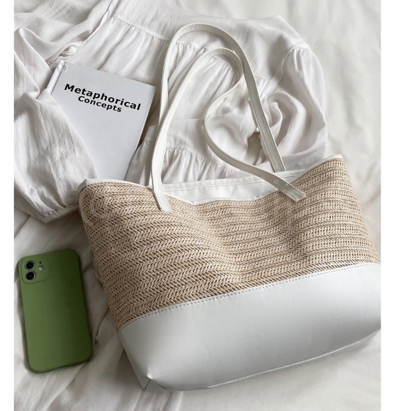 Large Tote Straw Bag Khaki Beige Lined White Faux Leather Details Zipper - Picture 2 of 8